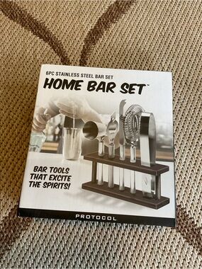 Protocols 6-Piece Stainless Steel Home Bar Set in Silver with Wood Stand